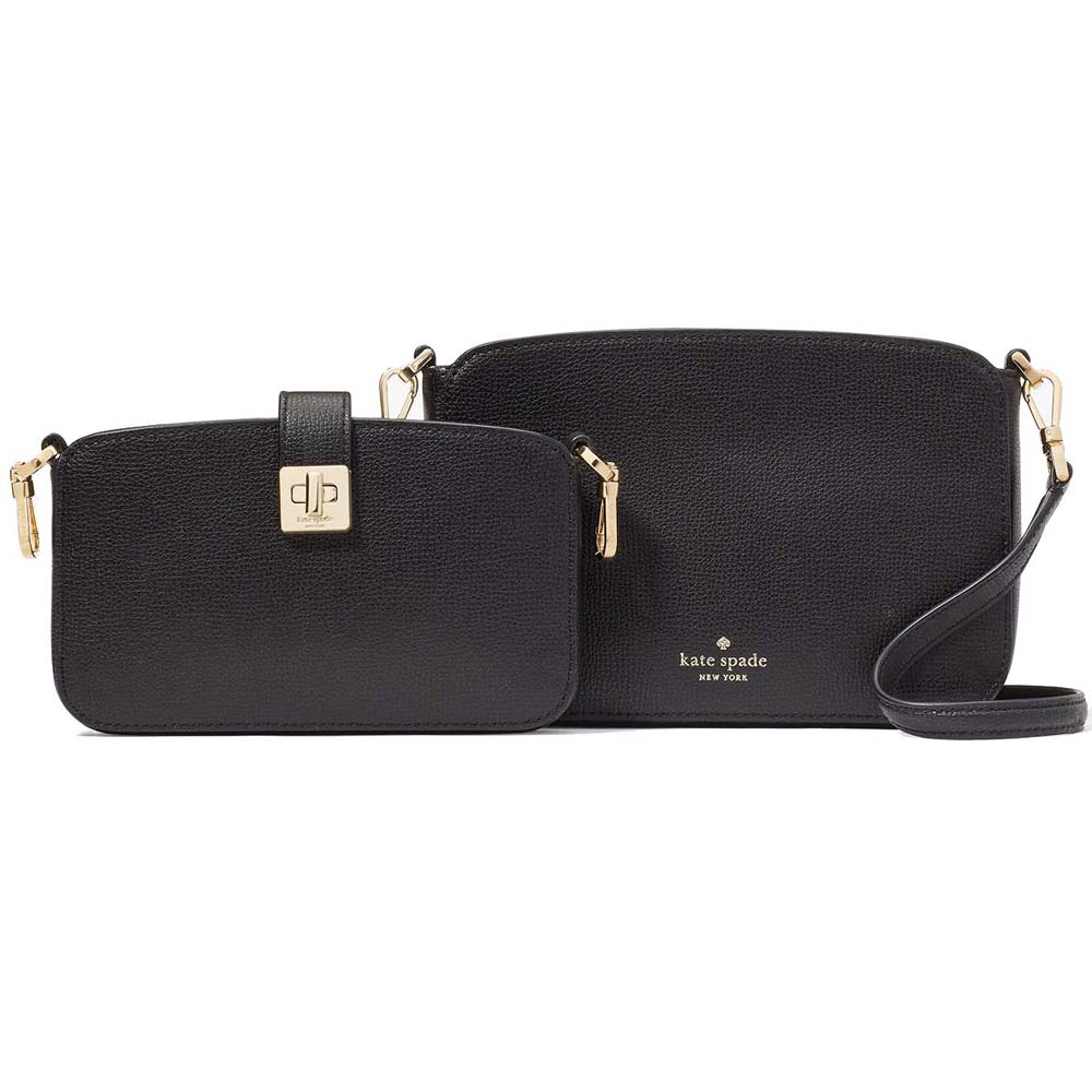 Kate Spade Refined Grain Leather Turnlock Crossbody Duo Sling Bag Black # KF533D1