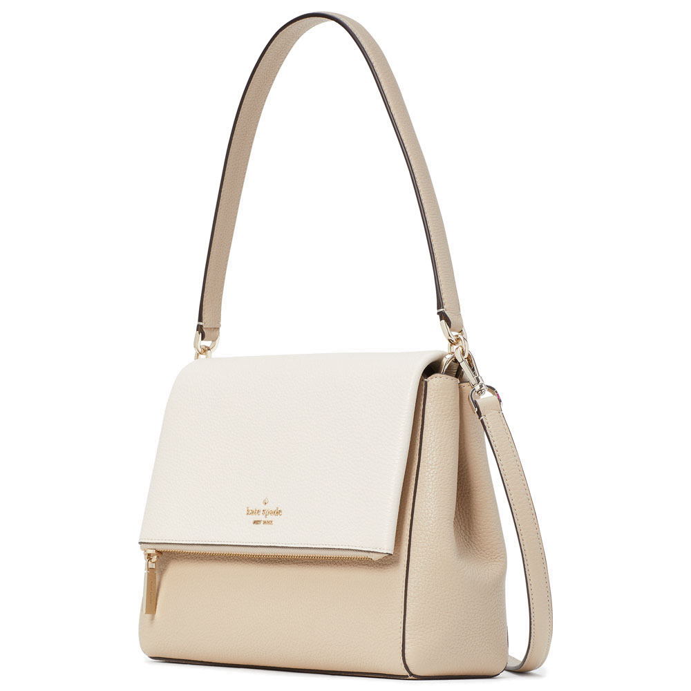 Kate Spade Crossbody Bag Leila Colorblock Pebbled Medium Flap Shoulder Bag Light Sand Brown Cream Off White # K6762D1