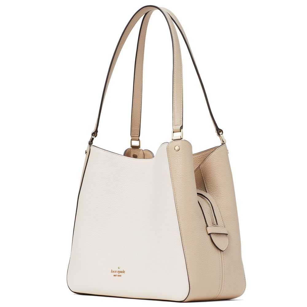 Kate Spade Shoulder Bag Tote Leila Colorblock Pebbled Medium Triple Compart Light Sand Off White # WKR00316D2