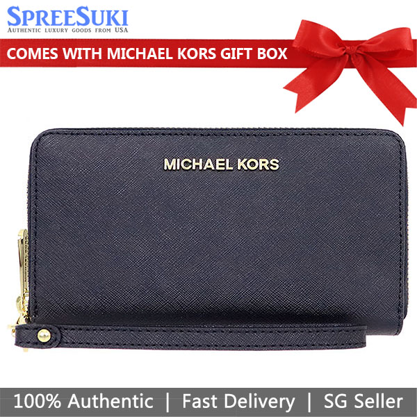 Michael Kors Phone Wallet Jet Set Travel Large Flat Multifunction Phone Leather Case Navy Dark Blue # 35F8GTVW7LD1