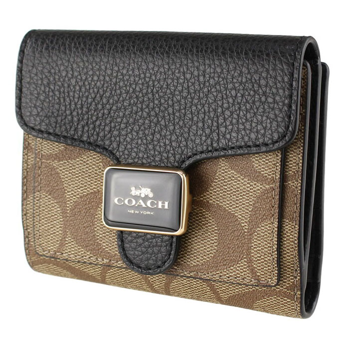 Coach Small Wallet Signature Pepper Wallet Khaki Black # C7805D1