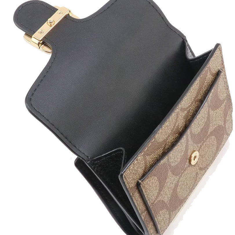 Coach Small Wallet Signature Pepper Wallet Khaki Black # C7805D1