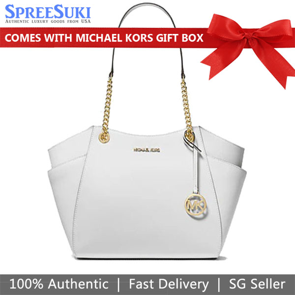 SpreeSuki Michael Kors Jet Set Travel Large Chain Shoulder Tote Optic White 35T5GTVT3L