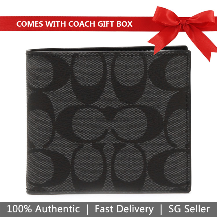 Coach Men Double Billfold Wallet In Signature Charcoal / Black # F75083D1