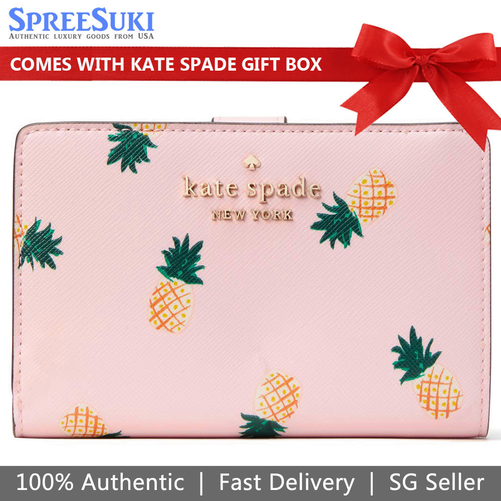 Kate Spade Medium Wallet Staci Pineapple Medium Compact Bifold Wallet Pink # K7218D1