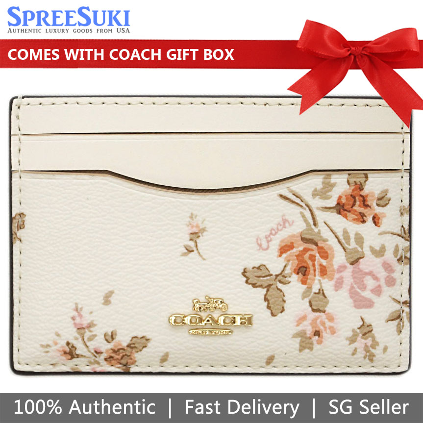 Coach Flat Card Case With Rose Bouquet Print Chalk Off White # 91789D1