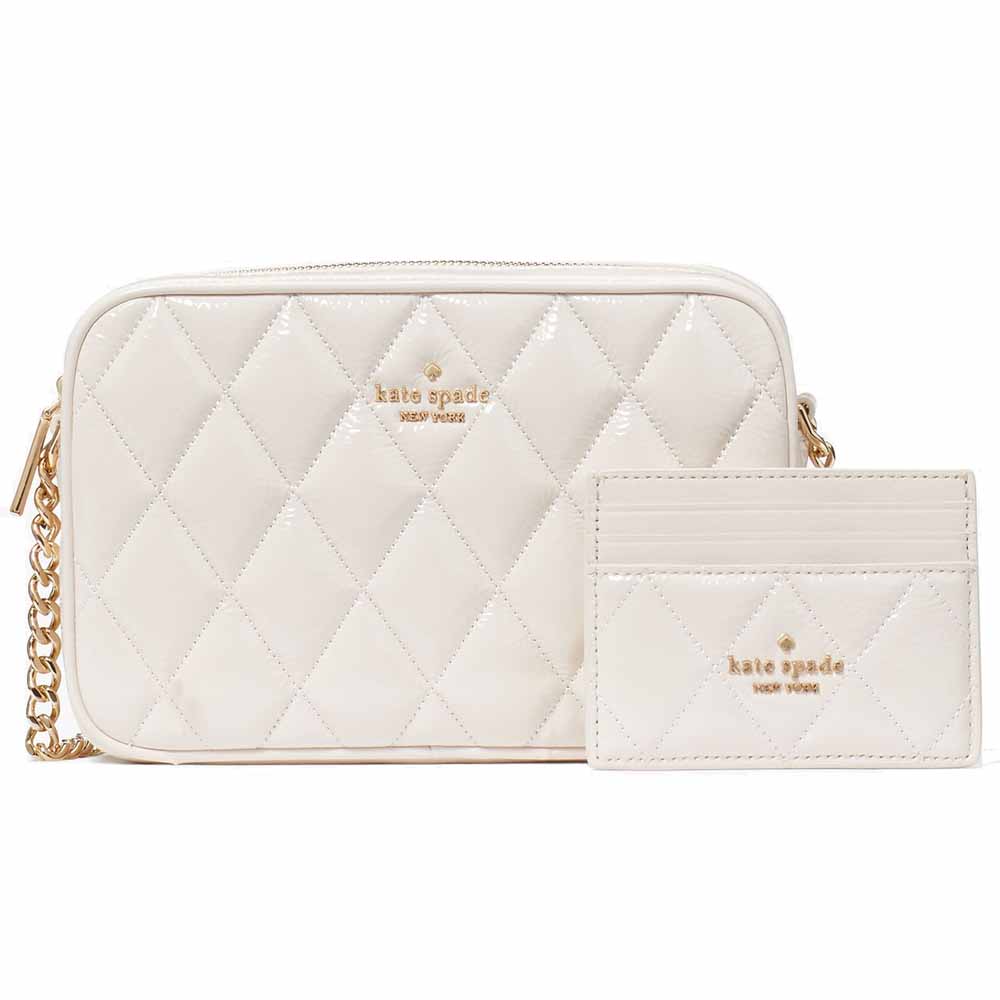 Kate Spade Crossbody Bag Sling Card Case Gift Set Glimmer Quilted Crinkle Patent Leather White # KE818