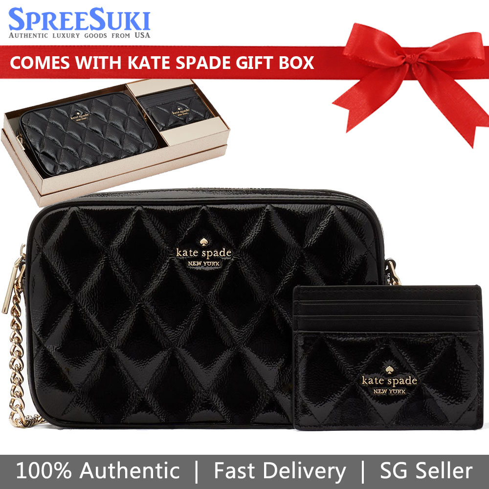 Kate Spade Crossbody Bag Sling Card Case Gift Set Glimmer Quilted Crinkle Patent Black # KE818