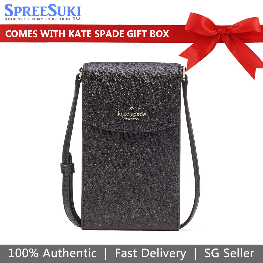 Kate Spade Crossbody Bag Tinsel Glitter Fabric North South Phone Crossbody Black # K9393D1