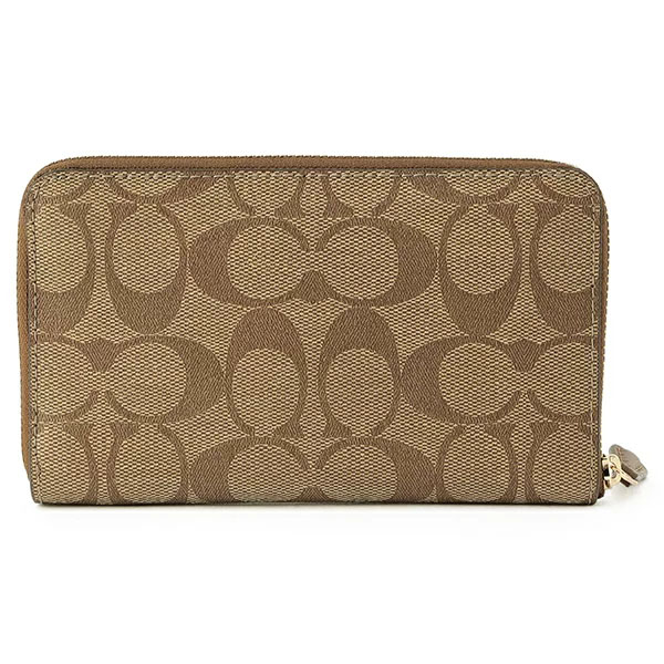 Coach Medium Wallet Signature Medium Id Zip Around Wallet Khaki Saddle # 88913D1