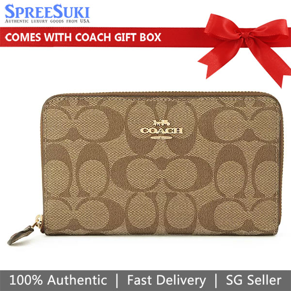 Coach Medium Wallet Signature Medium Id Zip Around Wallet Khaki Saddle # 88913D1