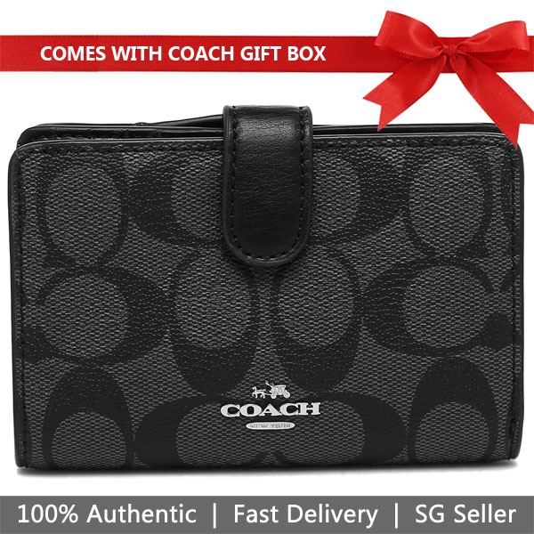 Coach Wallet In Gift Box Medium Corner Zip Wallet In Signature Coated Canvas Black Smoke # F23553D5