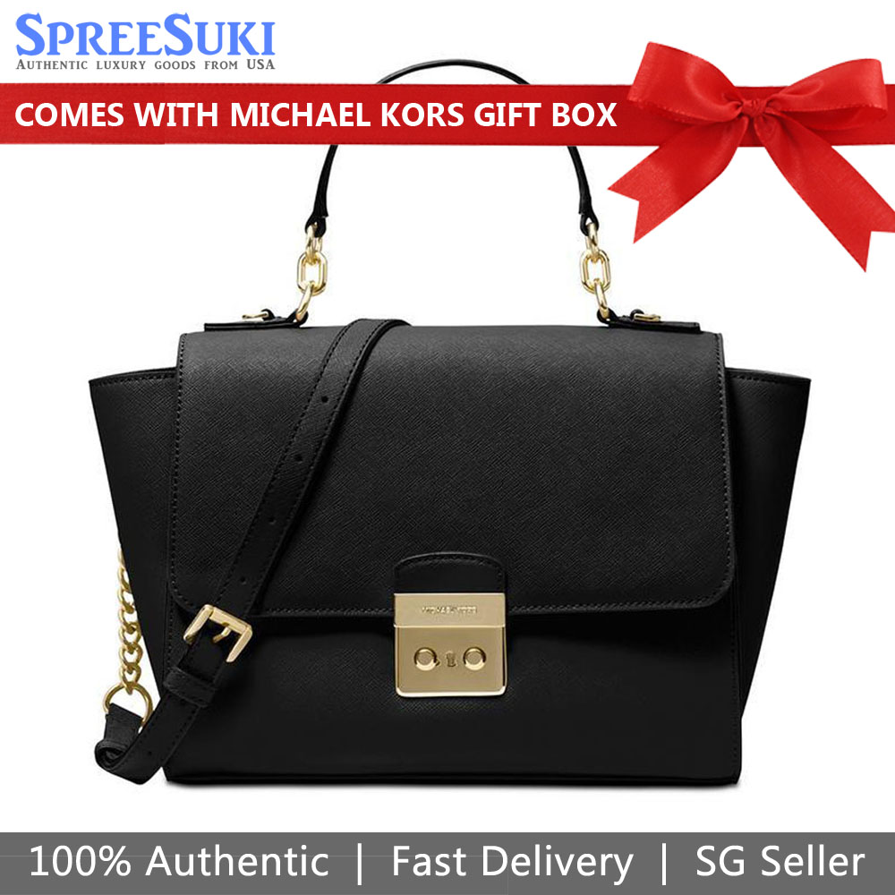 SpreeSuki Michael Kors Crossbody Bag Brandi Medium Top Handle Leather Satchel Black 38H8GI3S2LD1