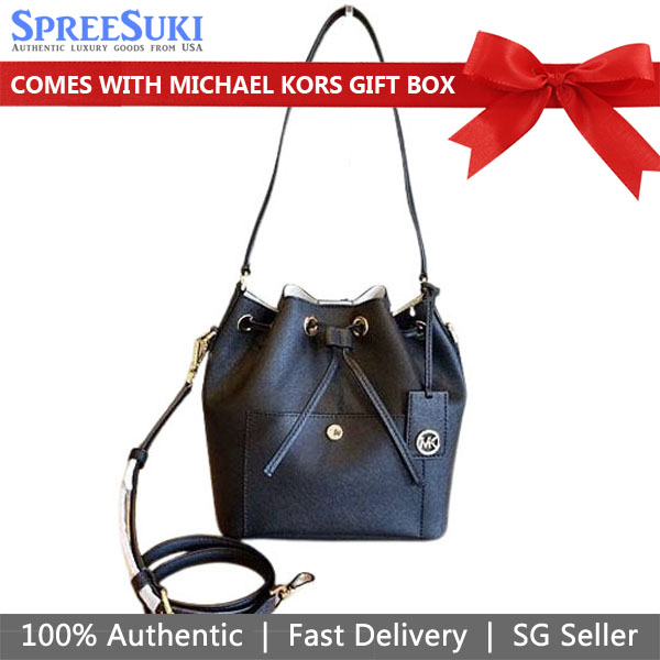 SpreeSuki Michael Kors Crossbody Bag Sling Greenwich Medium Bucket Bag Black 35T8GGRM6TD1