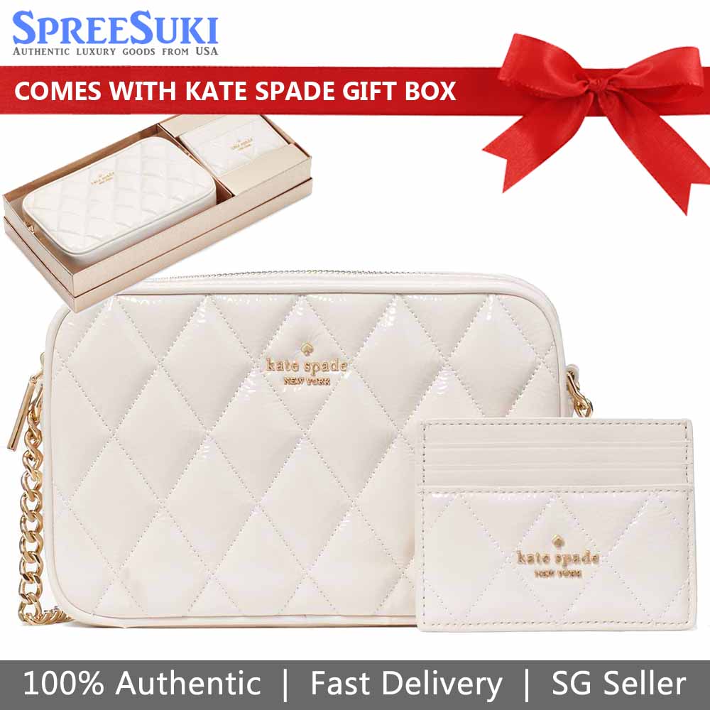 Kate Spade Crossbody Bag Sling Card Case Gift Set Glimmer Quilted Crinkle Patent Leather White # KE818