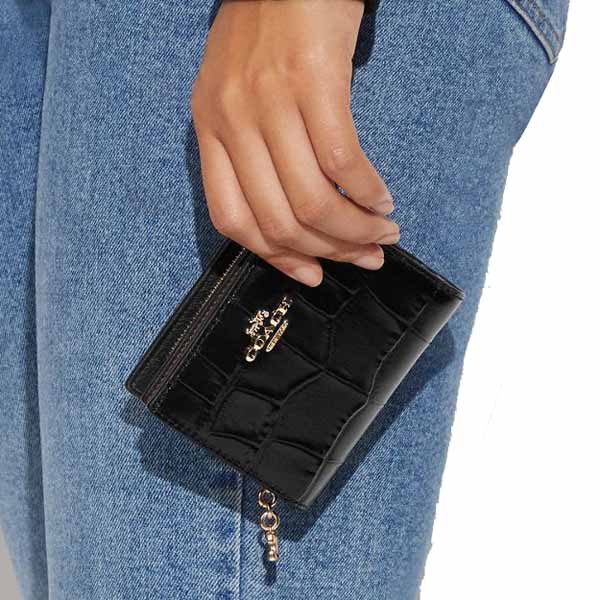 Coach Small Wallet Crocodile Embossed Snap Wallet Black # C6092