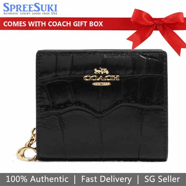 Coach Small Wallet Crocodile Embossed Snap Wallet Black # C6092