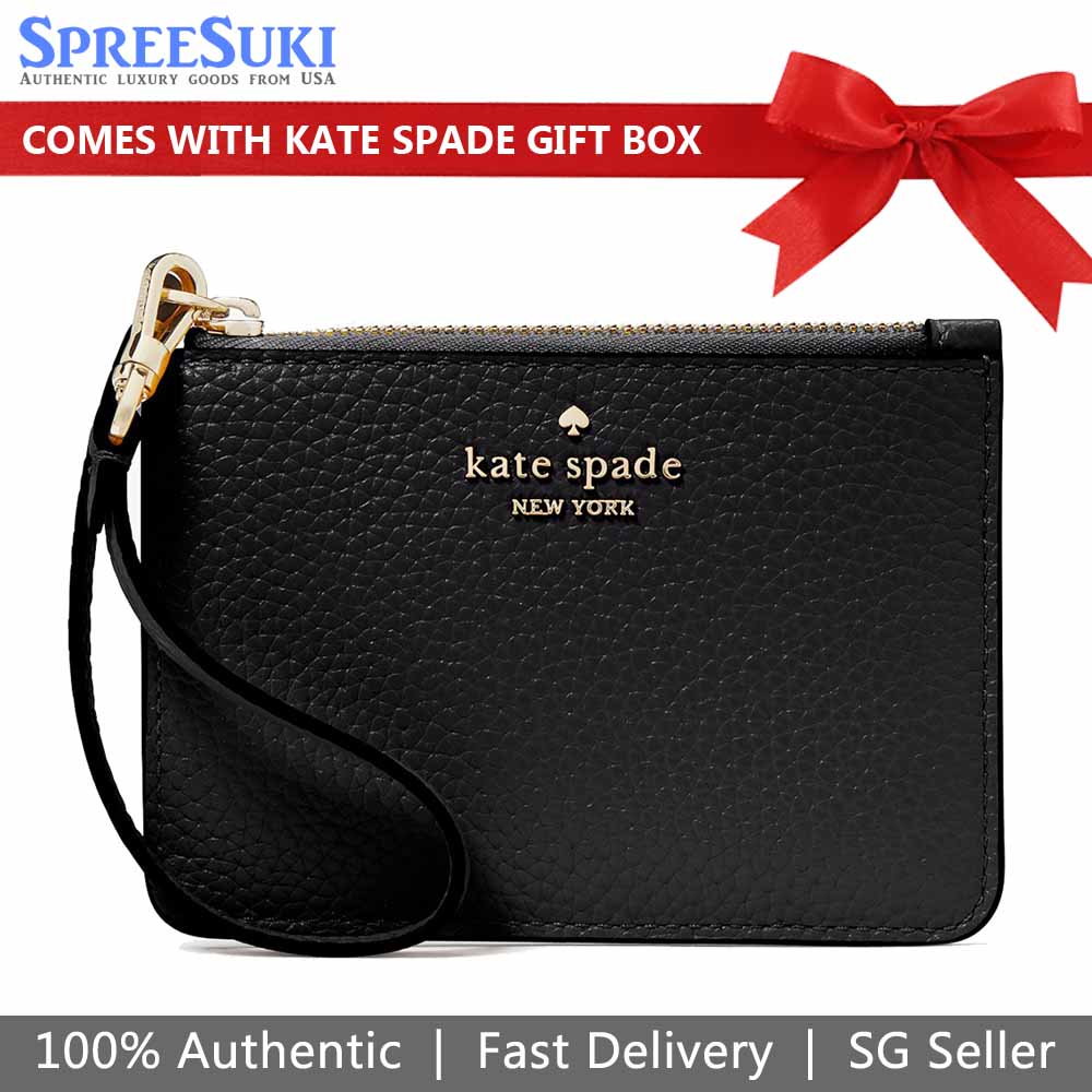 Kate Spade Lena Pebbled Leather Small Card Holder Wristlet Card Case Black # KH789