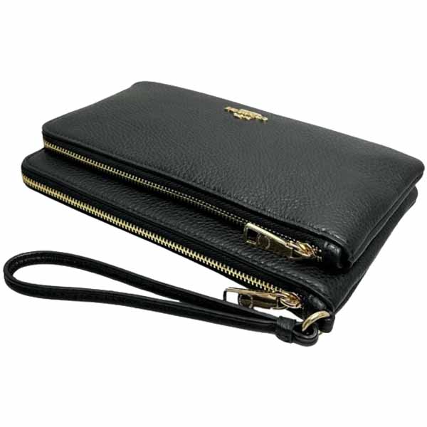 Coach Large Wristlet Pebbled Leather Double Zip Wallet Black # CU919