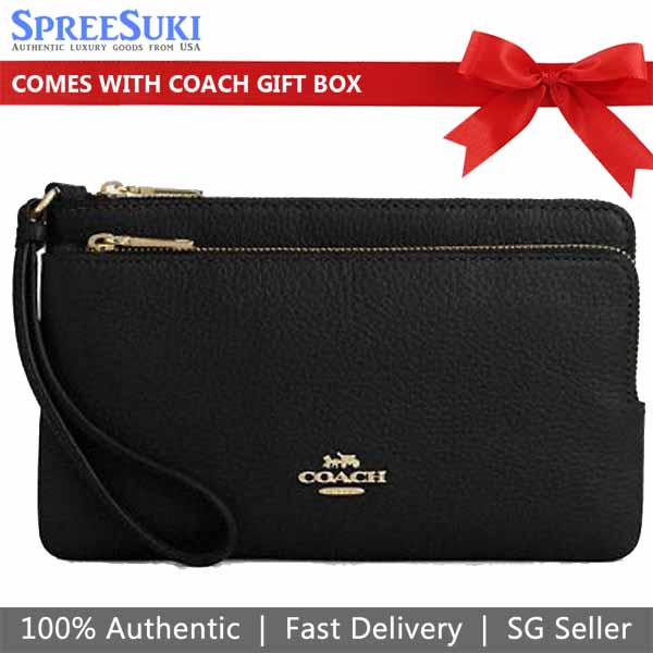 Coach Large Wristlet Pebbled Leather Double Zip Wallet Black # CU919