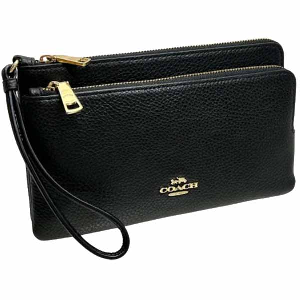 Coach Large Wristlet Pebbled Leather Double Zip Wallet Black # CU919