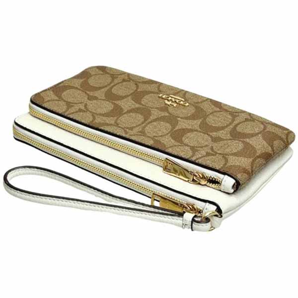 Coach Large Wristlet Signature Pvc Double Zip Wallet Khaki Chalk # CU920