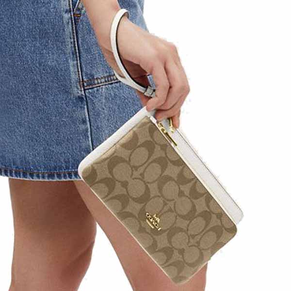 Coach Large Wristlet Signature Pvc Double Zip Wallet Khaki Chalk # CU920