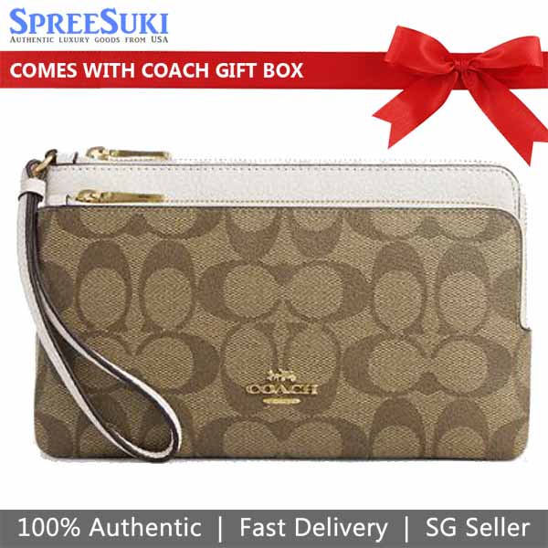 Coach Large Wristlet Signature Pvc Double Zip Wallet Khaki Chalk # CU920