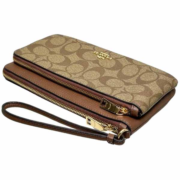 Coach Large Wristlet Signature Pvc Double Zip Wallet Khaki Saddle # CU920