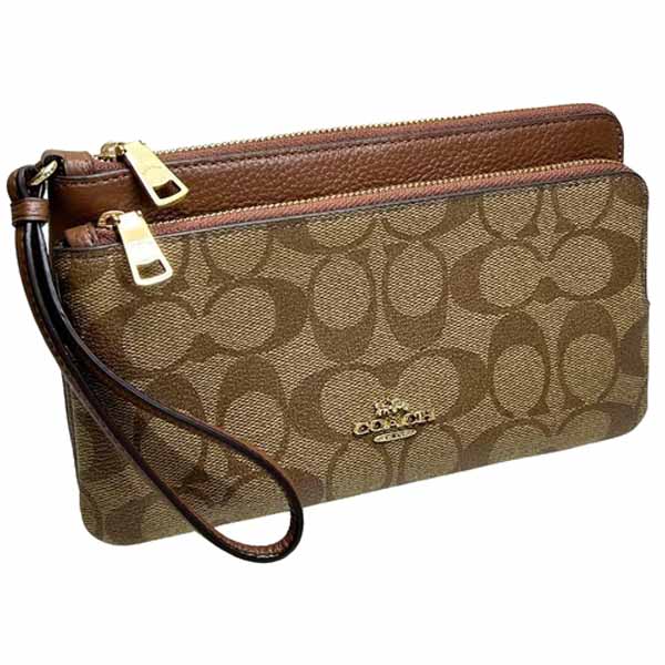 Coach Large Wristlet Signature Pvc Double Zip Wallet Khaki Saddle # CU920