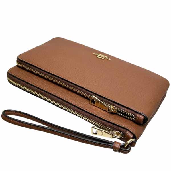 Coach Large Wristlet Pebble Leather Double Zip Wallet Redwood Brown # CU919