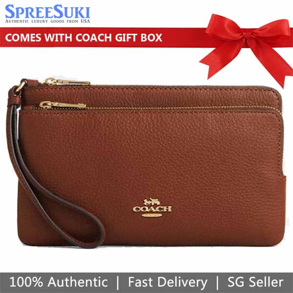 Coach Large Wristlet Pebble Leather Double Zip Wallet Redwood Brown # CU919