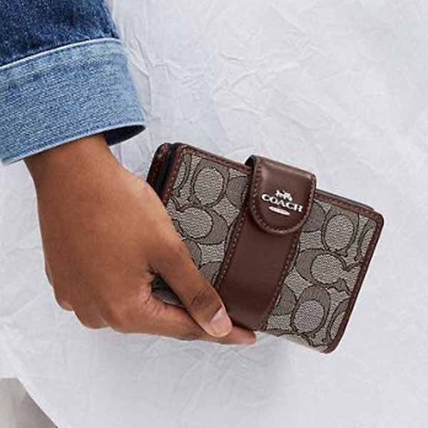 Coach Medium Wallet Medium Corner Zip Signature Jacquard Maple Brown # CU987