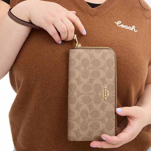 Coach Long Wallet Long Zip Around Wallet Signature Canvas Tan Brown # CW778