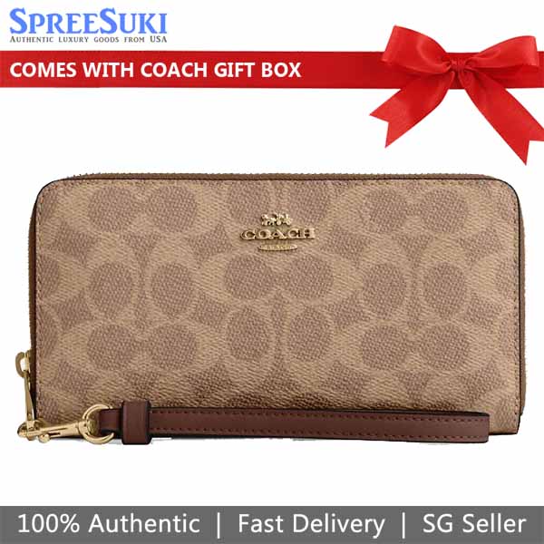 Coach Long Wallet Long Zip Around Wallet Signature Canvas Tan Brown # CW778