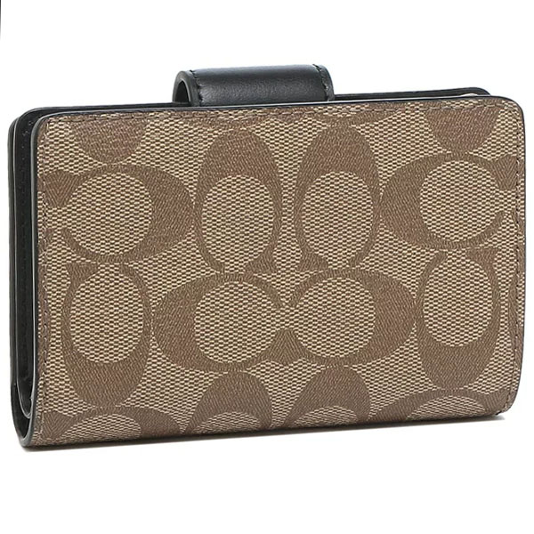 Coach Medium Wallet Medium Corner Zip Wallet In Signature Canvas Khaki Black # C0082D12