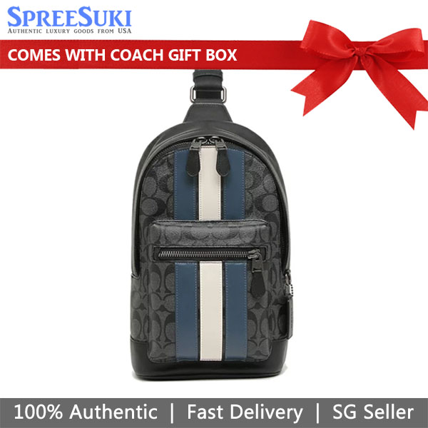 Coach Men Backpack Sling Pack Signature Varsity West Pack Charcoal Black Denim Blue Chalk Off White # 2999D1