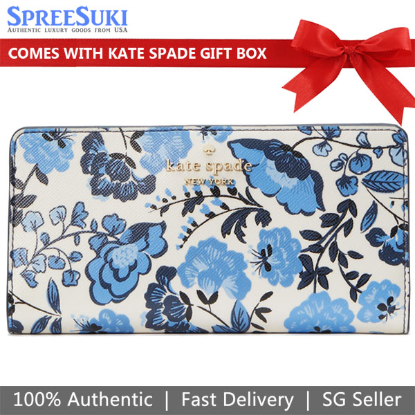 Kate Spade Long Wallet Medium Wallet Madison Vase Floral Print Large Slim Bifold Blue Multi # KH776