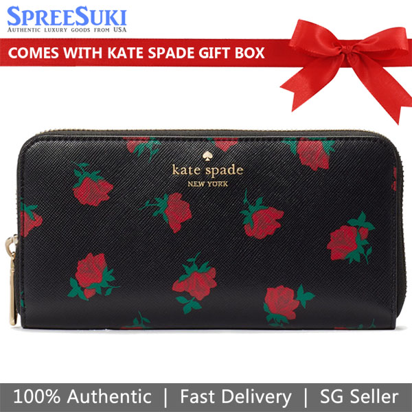 Kate Spade Long Wallet Madison Ditsy Rose Toss Large Continental Wallet Zip Around Black # KE639