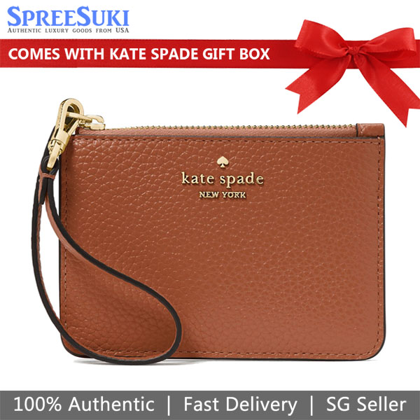 Kate Spade Lena Pebbled Leather Small Card Holder Wristlet Card Case Warm Ginger Brown # KH789