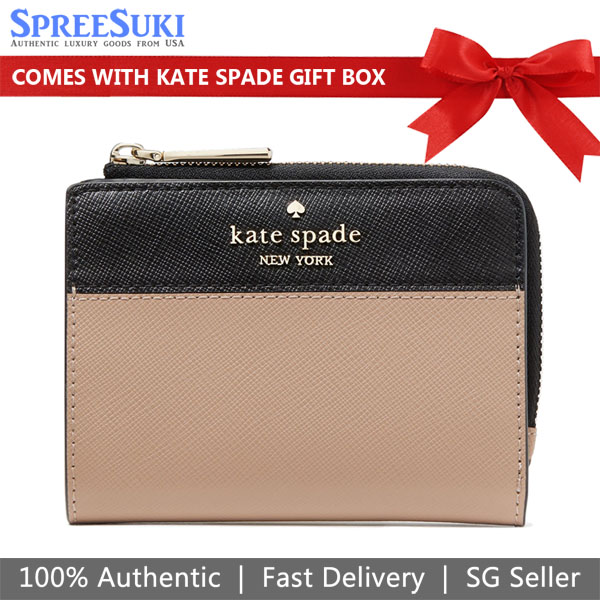 Kate Spade Small Wallet Madison Colorblock Saffiano Small Lzip Wallet Toasted Hazelnut Beige Nude Black # KH616