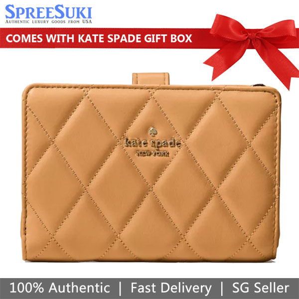 Kate Spade Medium Wallet Carey Smooth Quilted Medium Compact Bifold Tiramisu Mousse Light Brown # KG424