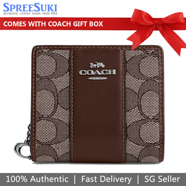 Coach Small Wallet Snap Wallet In Signature Jacquard Oak Maple Brown # CU991