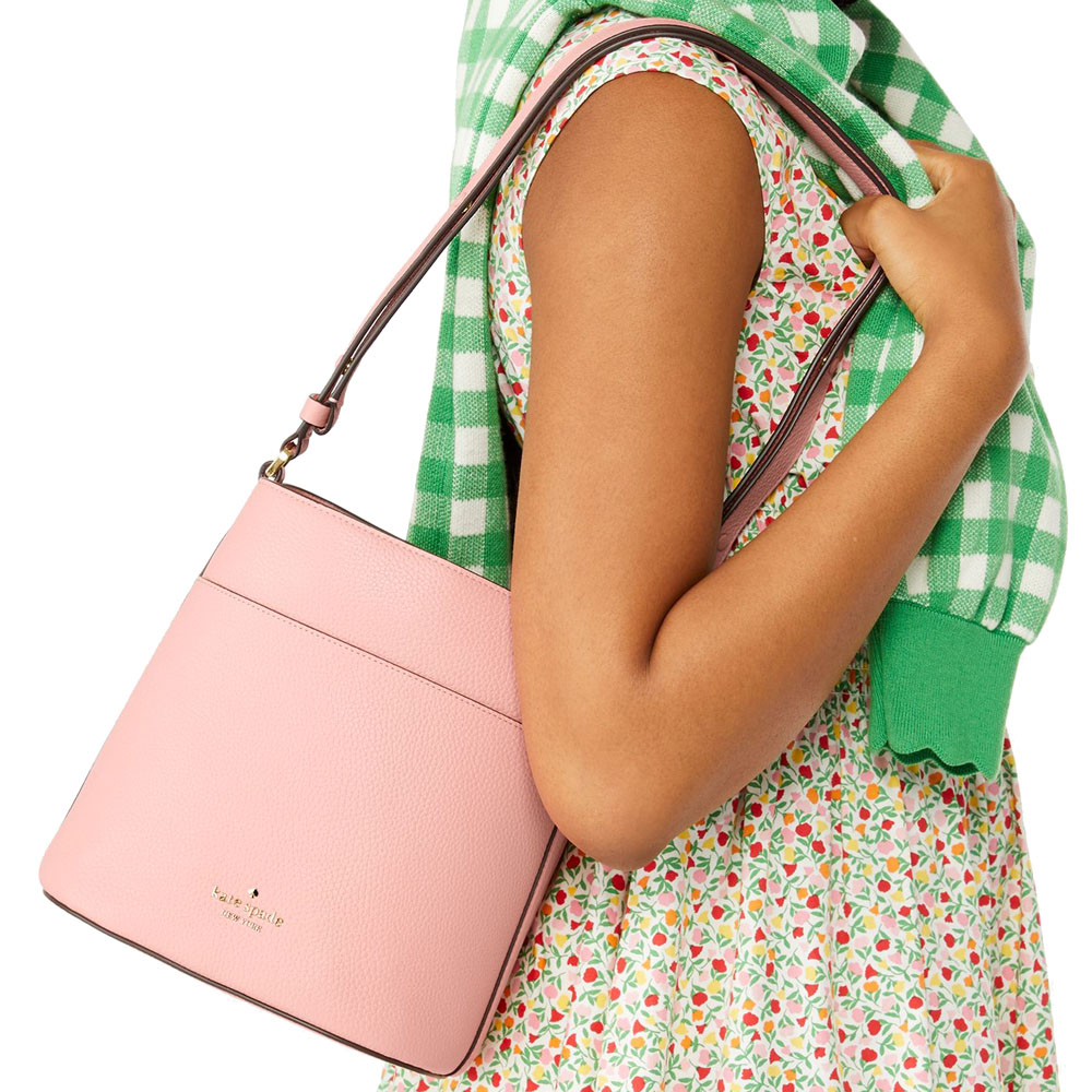 Kate Spade Crossbody Bag Sling Leila Pebbled Leather Small Bucket Bag Peachy Rose Pink # KE489