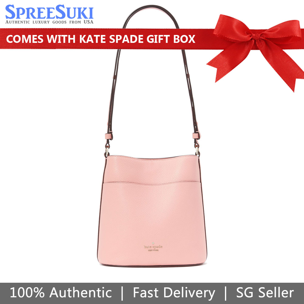 Kate Spade Crossbody Bag Sling Leila Pebbled Leather Small Bucket Bag Peachy Rose Pink # KE489