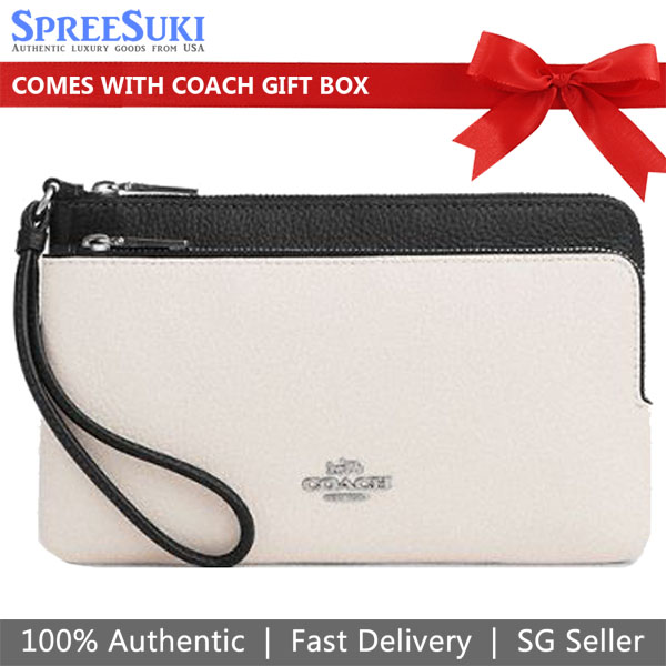 Coach Large Wristlet Contrast Double Zip Wallet Chalk Off White Black # CU921