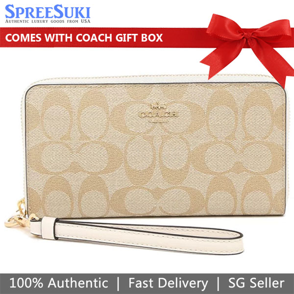 Coach Long Wallet Signature Long Zip Around Wallet Light Khaki Chalk Off White # C4452