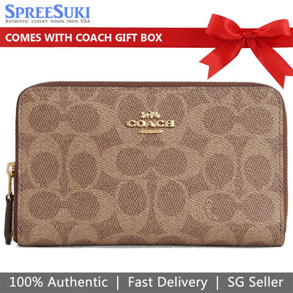 Coach Medium Wallet Medium Id Zip Signature Canvas Tan Brown # CW781