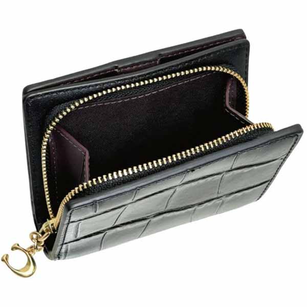 Coach Small Wallet Crocodile Embossed Snap Wallet Black # C6092