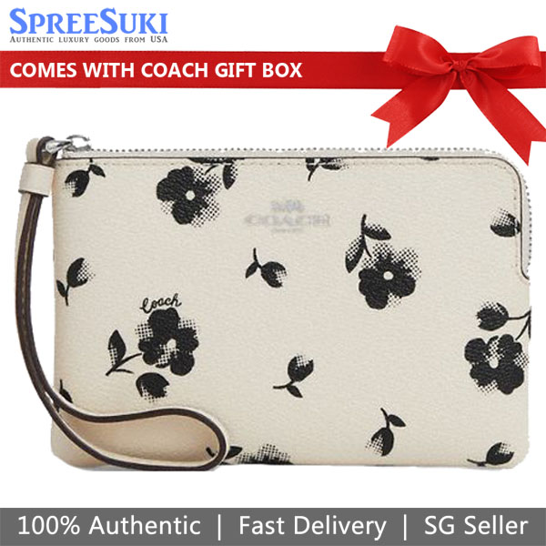 Coach Small Wristlet Floral Corner Zip Chalk Black White # CP438